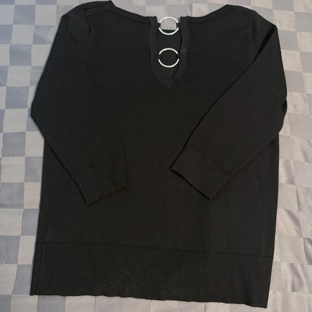 Cable & Gauge Black Knit Sweater Top Medium Silver O-Ring Back 3/4 Sleeve